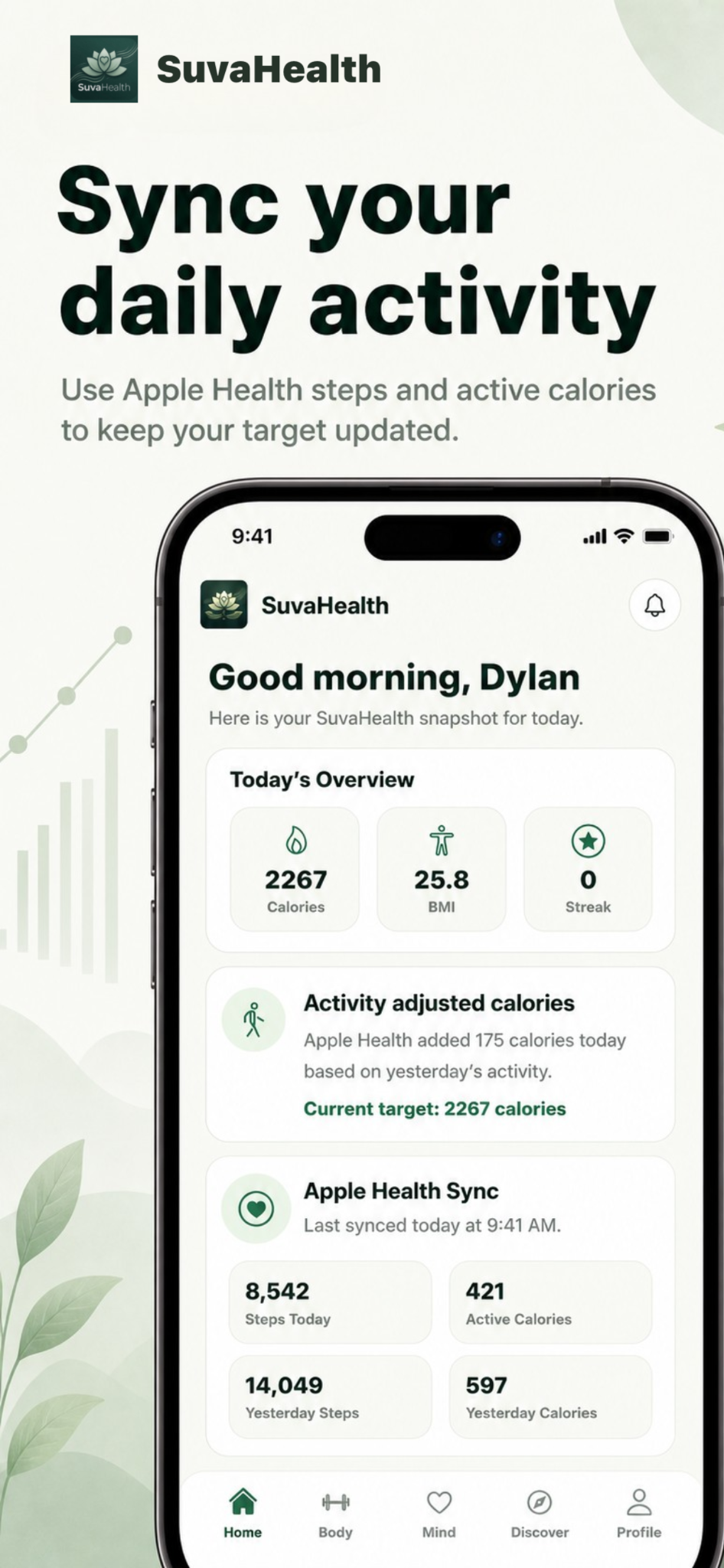 SuvaHealth activity tracking screen