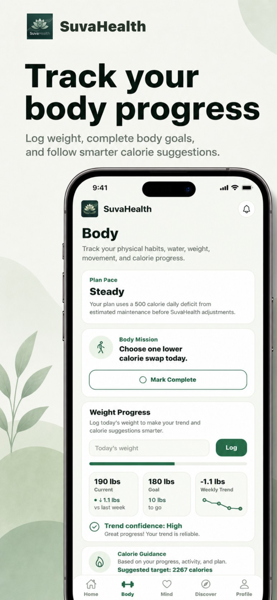 SuvaHealth body progress screen