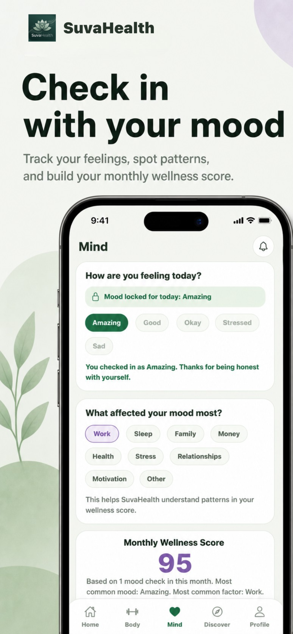 SuvaHealth mood check-in screen
